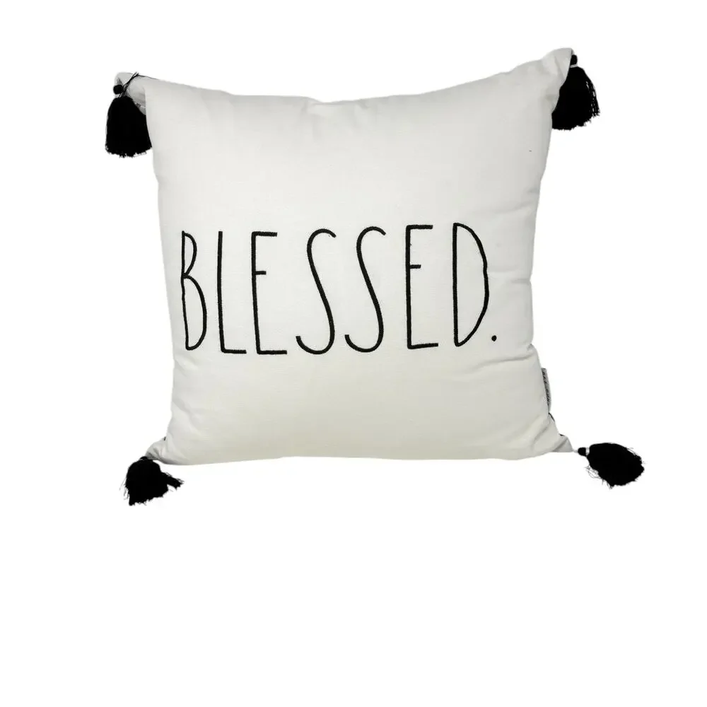 Rae Dunn BLESSED Throw Pillow Black White Plaid Tassel Farmhouse Accent Cushion